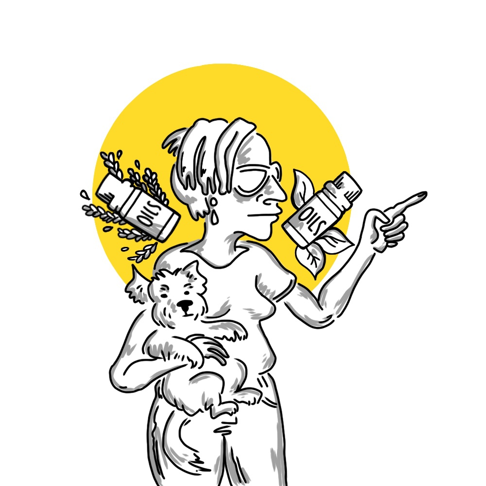 Illustration of a white woman pointing her finger while holding a dog.