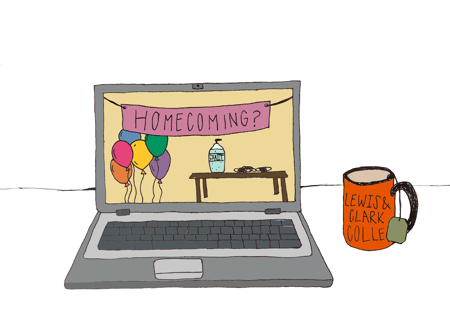 A laptop is open to a virtual version of Homecoming with a banner, balloons and hand sanitizer. Next to the laptop is an LC mug.