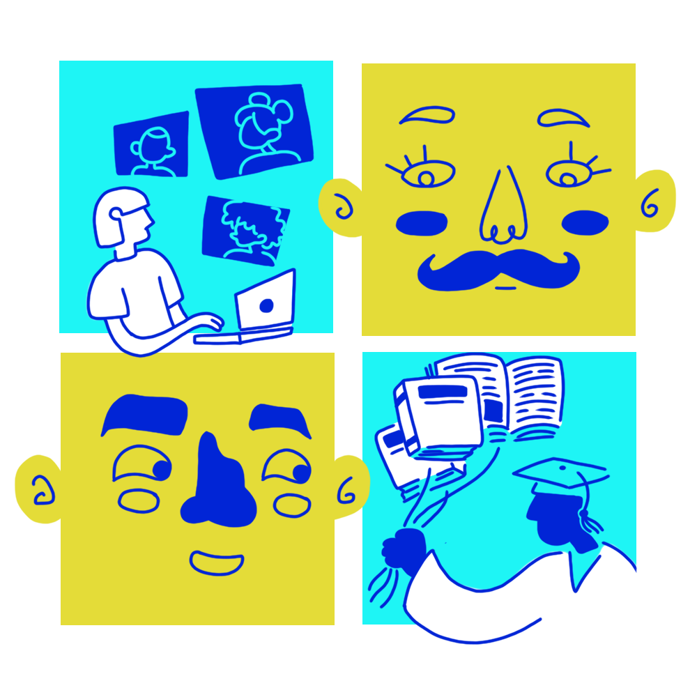 Puzzle pieces, two of which show faces, one showing a student taking virtual classes, and a fourth showing a student graduating college with balloons shaped like books