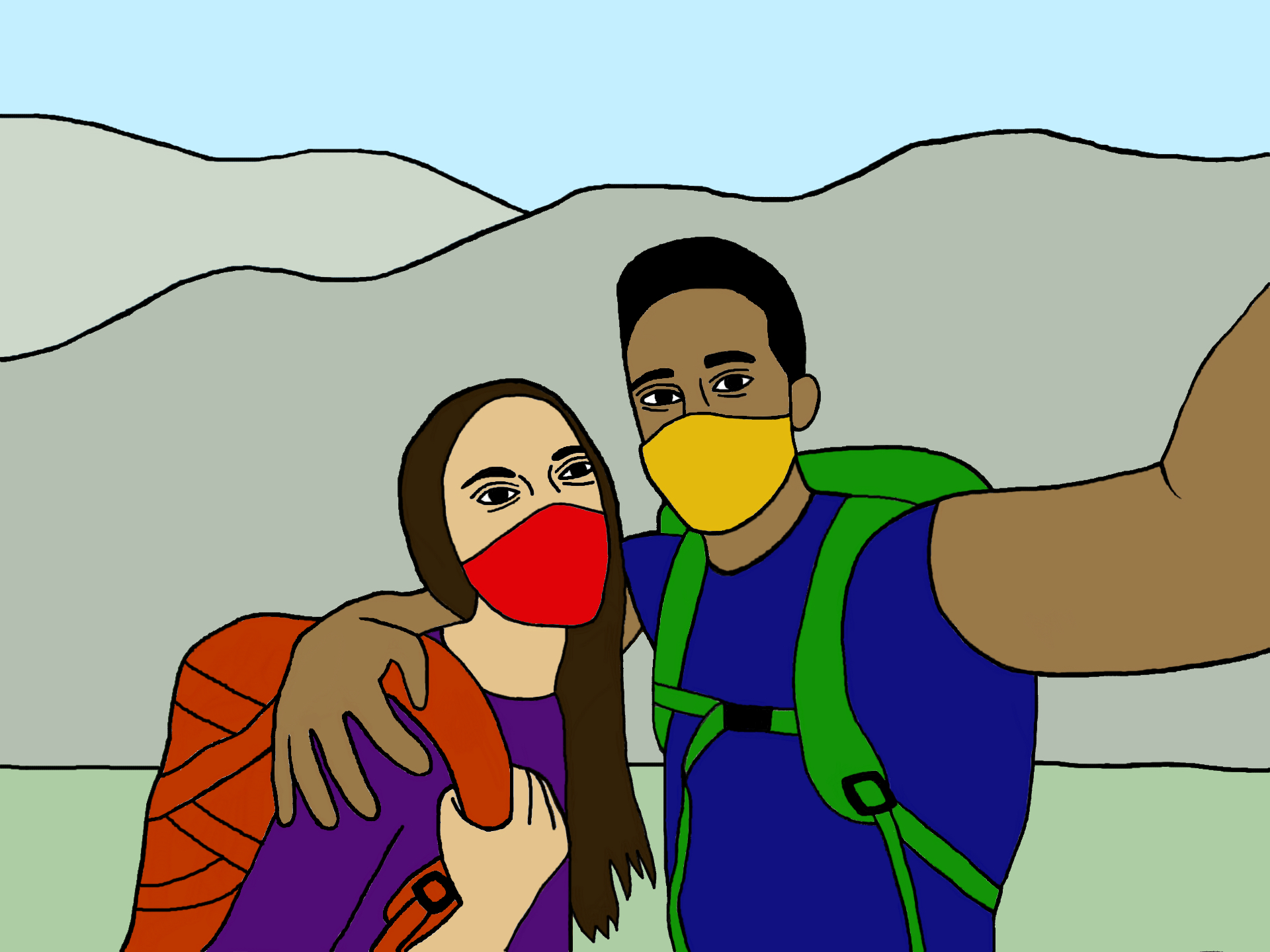 Illustration of two students taking a selfie while wearing hiking gear and face masks.
