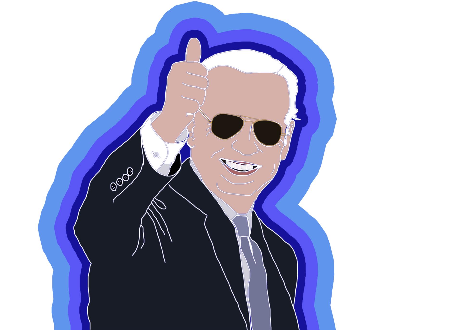 Illustration of Joe Biden wearing aviator sunglasses and a suit. Biden is smiling and giving a thumbs-up.