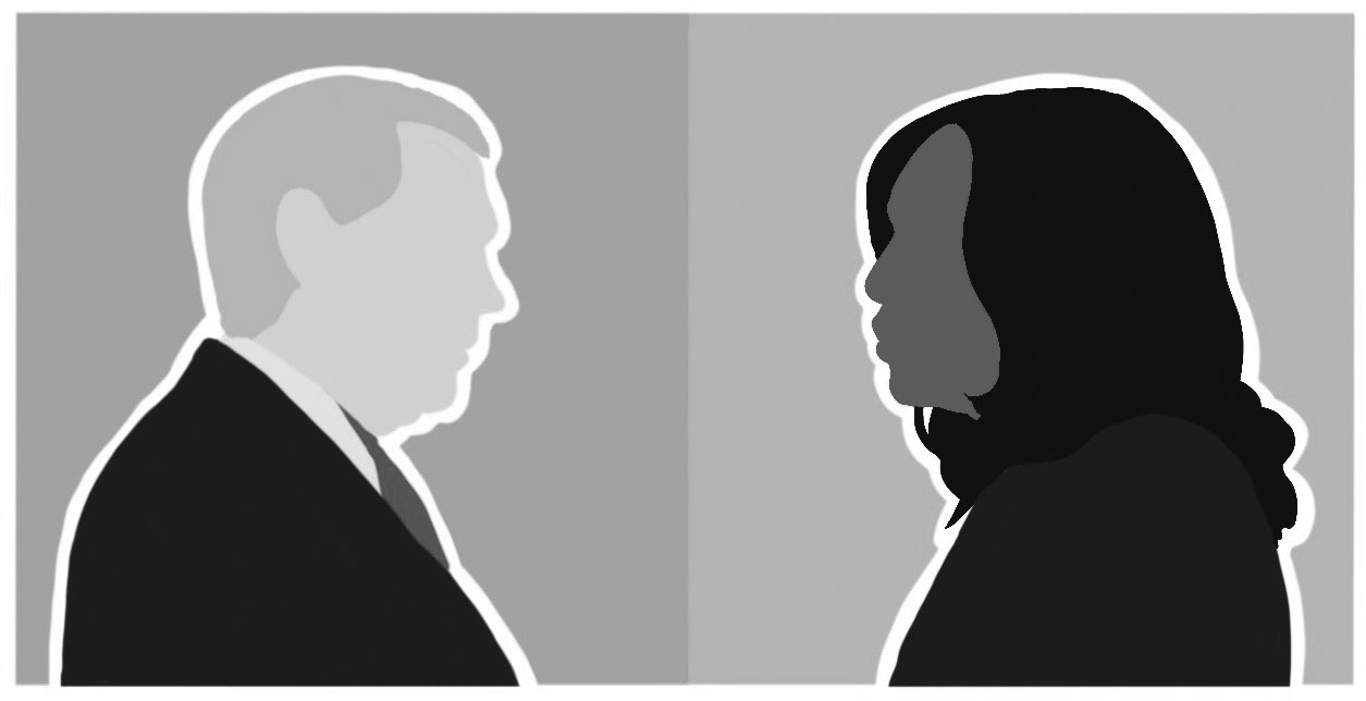 Cartoon versions of Mike Pence and Kamala Harris face each other on red and blue backgrounds, respectively