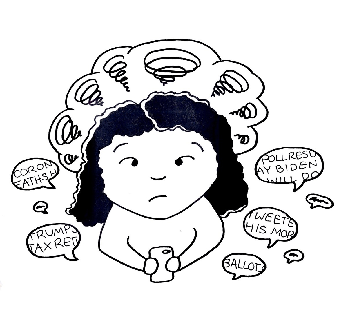 Woman looking anxious with speech bubbles surrounding her