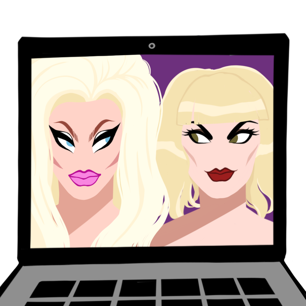 Two drag queens are shown on a computer screen.