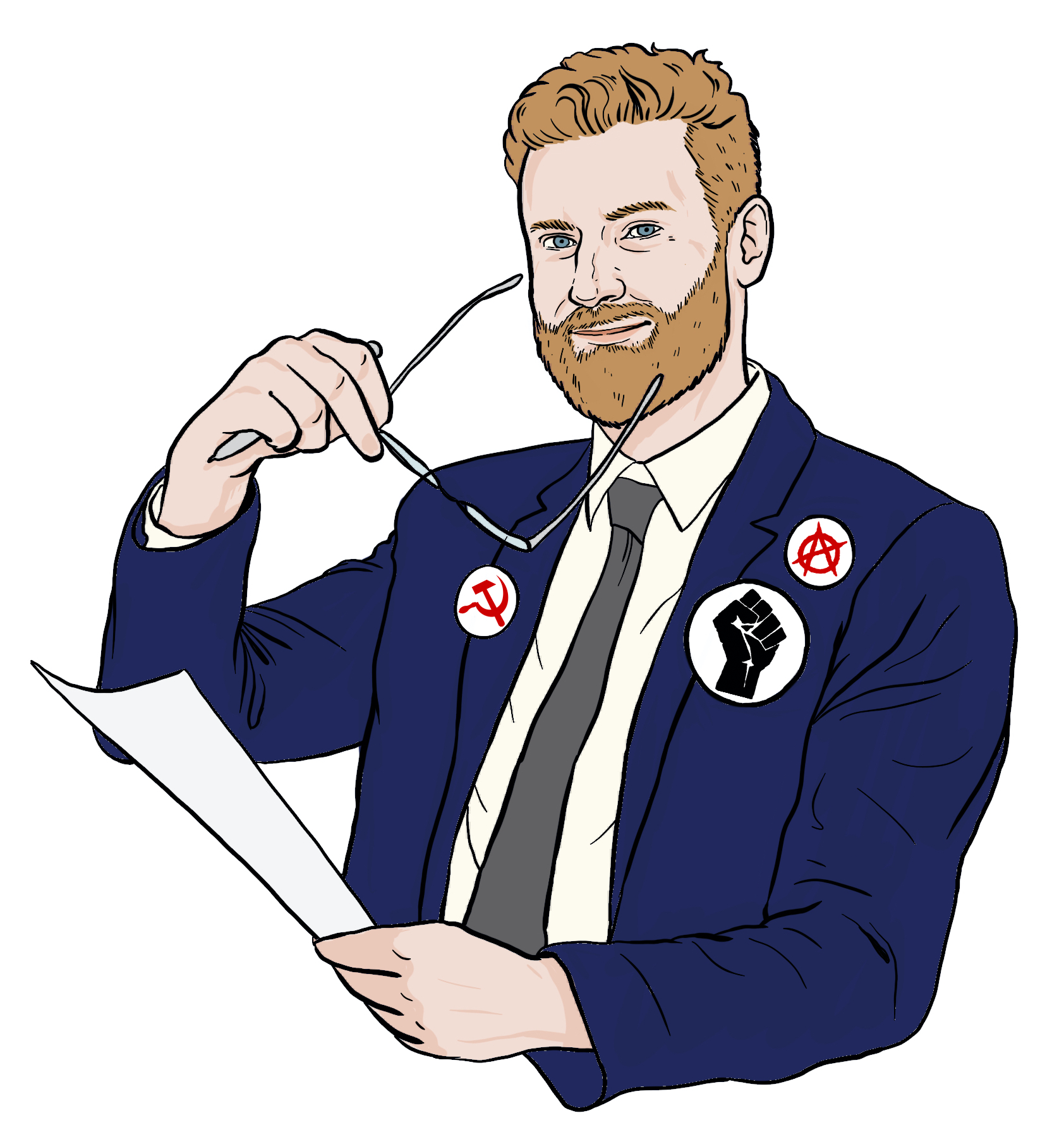 Bearded white guy wearing a navy suit with various pins of support for social movements