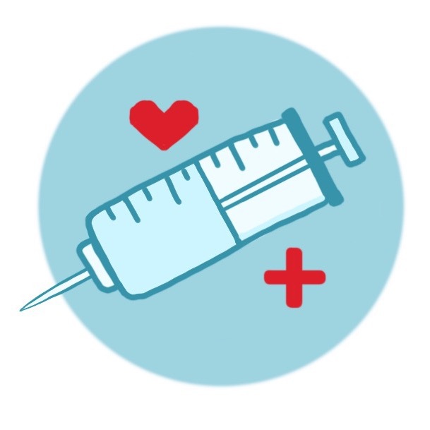 A syringe full of a flue vaccine sits on a circle alongside a heart and a plus sign
