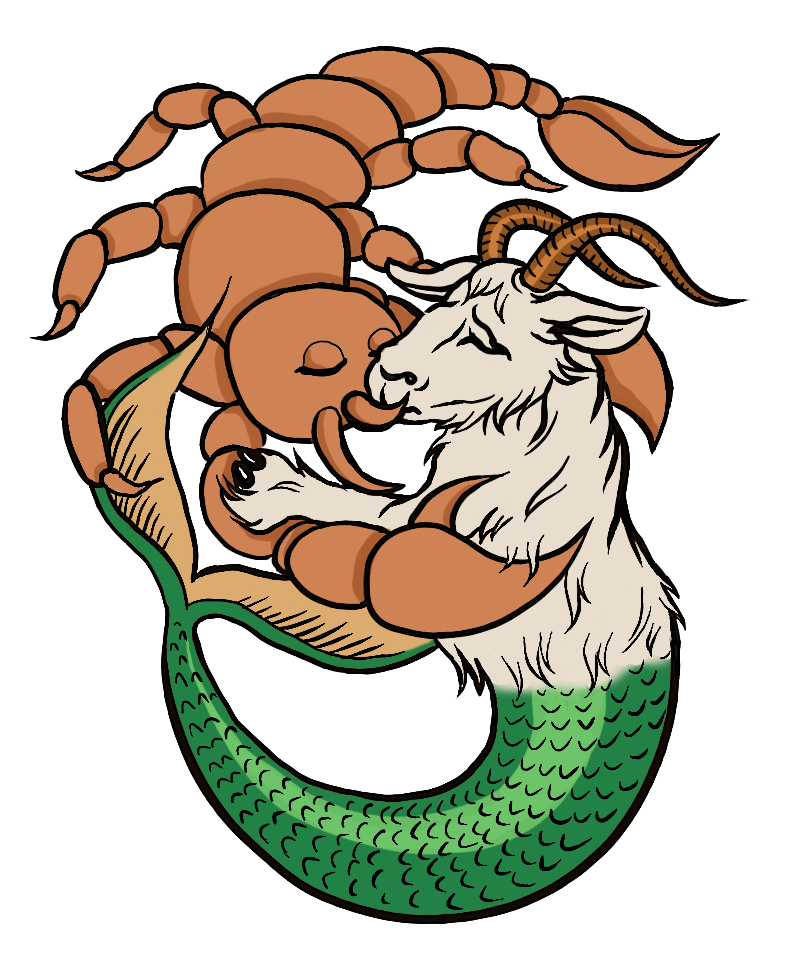 A large scorpion is kissing a half ram half fish astrology body.