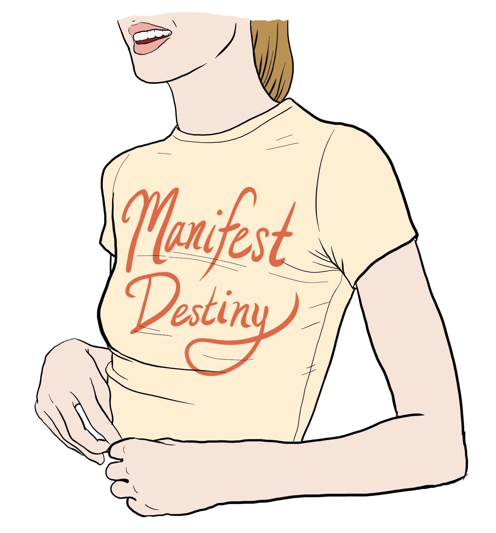White disillusioned girl wearing a yellow "Manifest Destiny" shirt