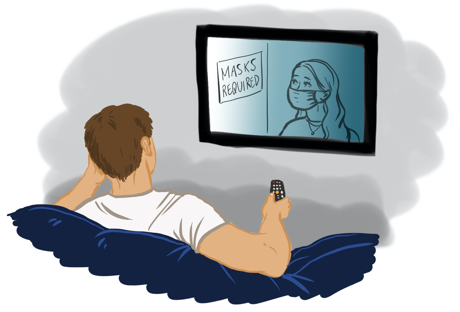 A person sits on a couch watching the television.