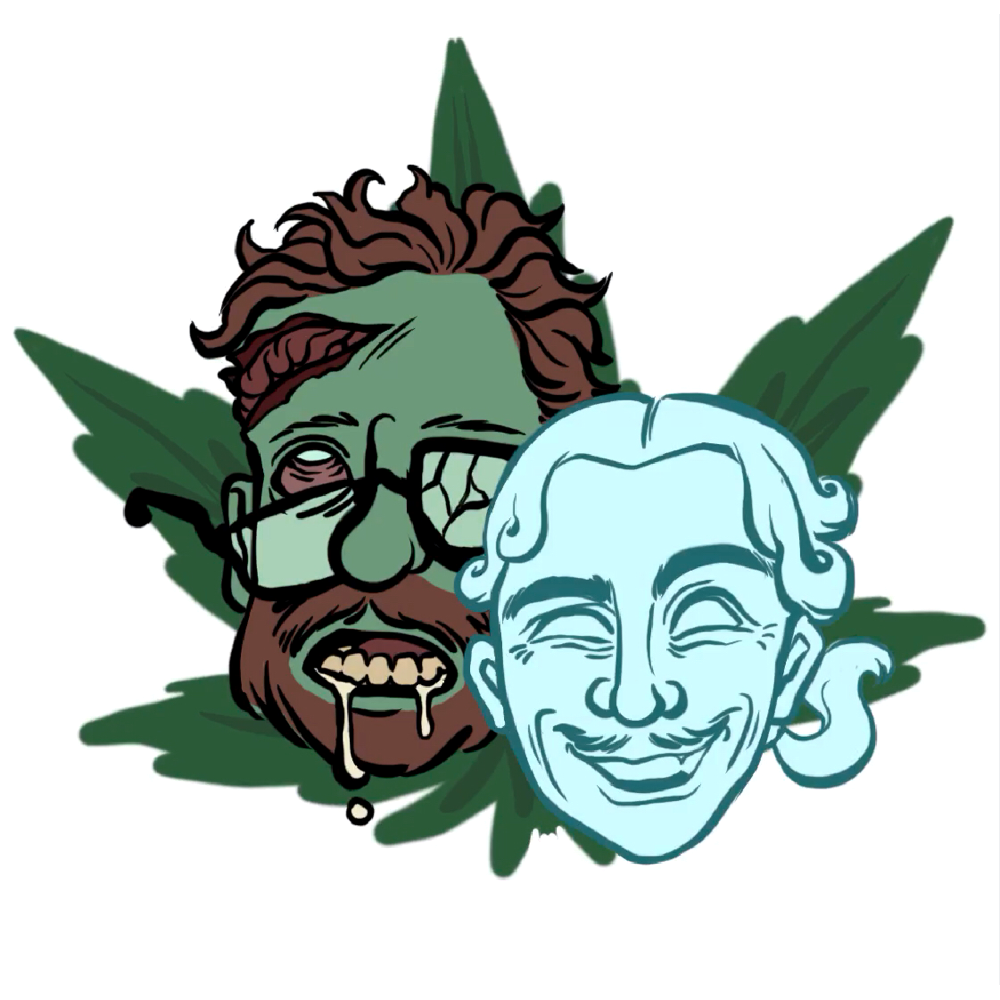 Zombie Seth Rogen and Ghost James Franco in front of a giant marijuana leaf background