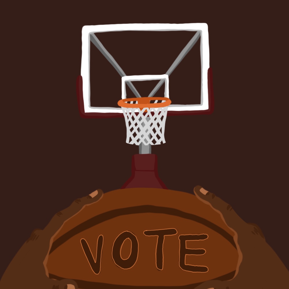 Illustration of hands on basketball and "vote" on the ball