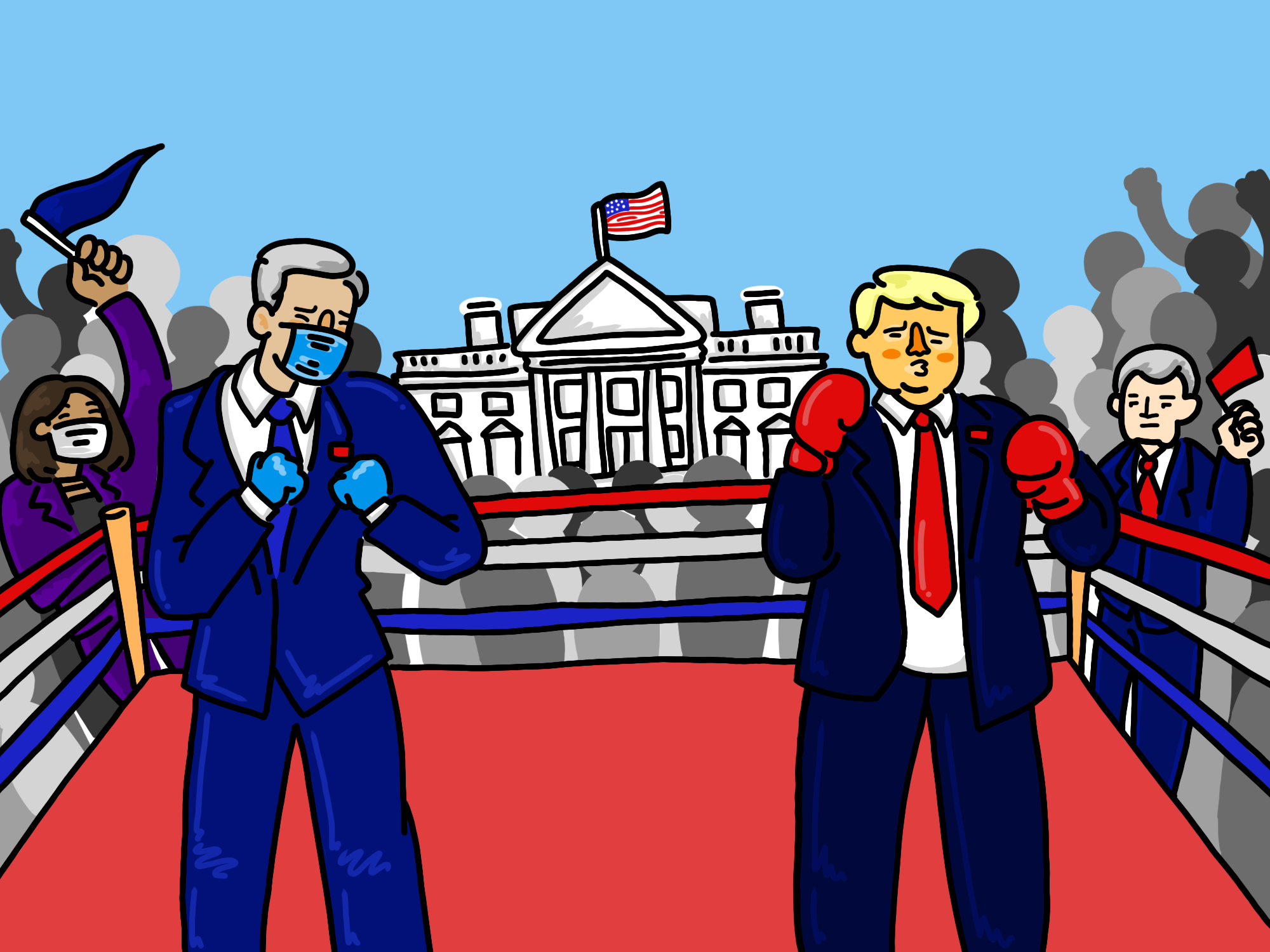 Joe Biden, wearing a mask and surgical gloves, faces Donald Trump in a boxing ring in front of the White House; Kamala Harris and Mike Pence stand cheering on the sidelines.