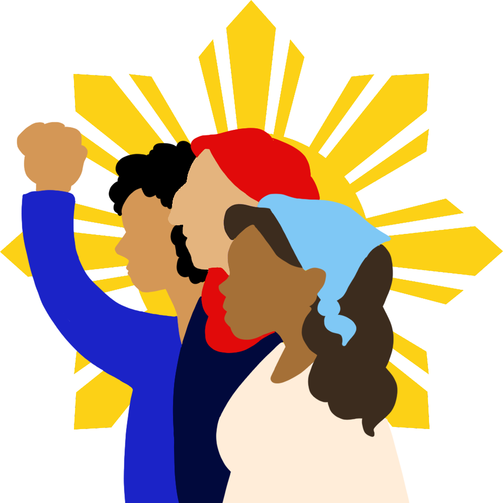 An illustration of three people, one wearing a head scarf and one wearing a bandana, stand in front of the star from the flag of the Phillipines.