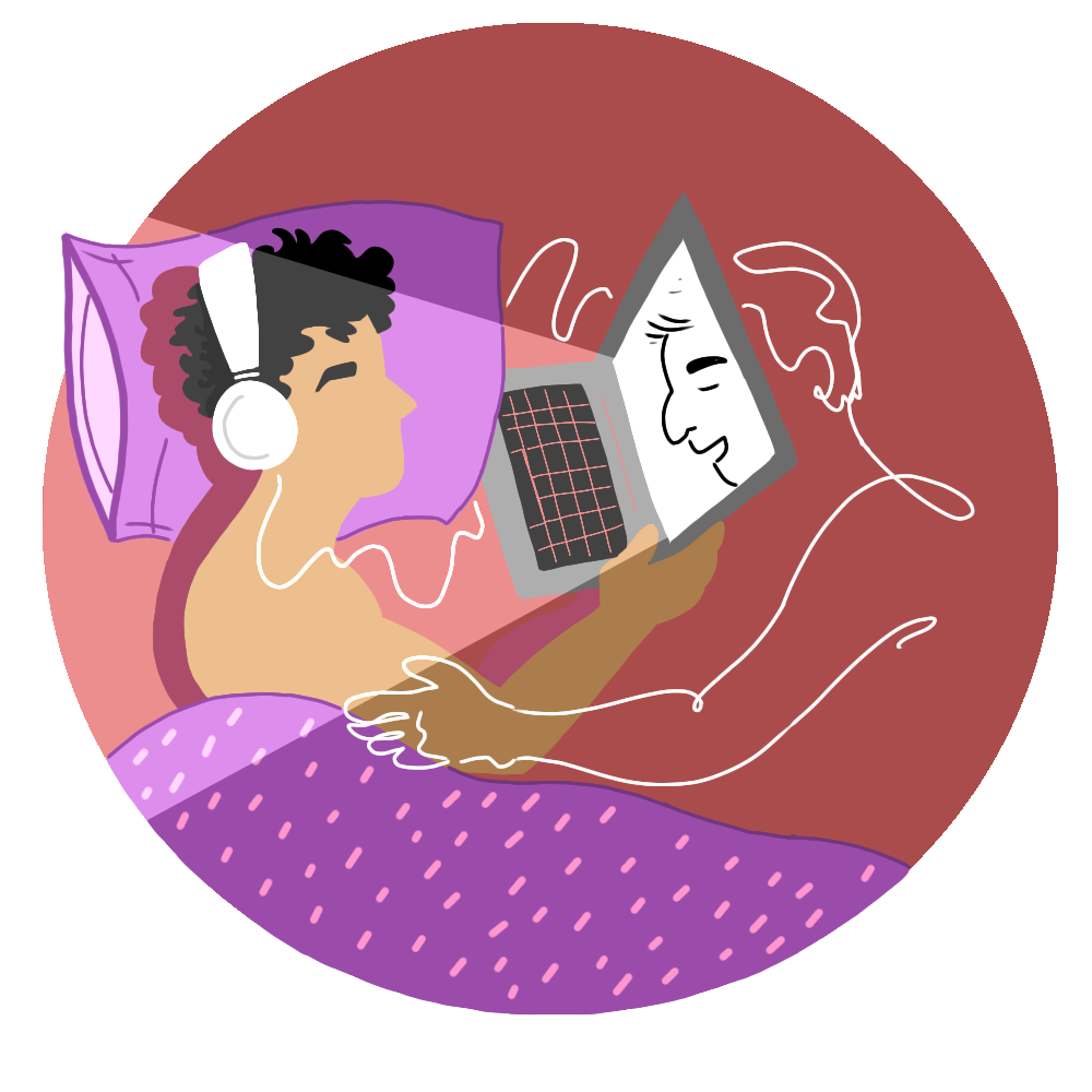 Person in bed looking into computer illustration