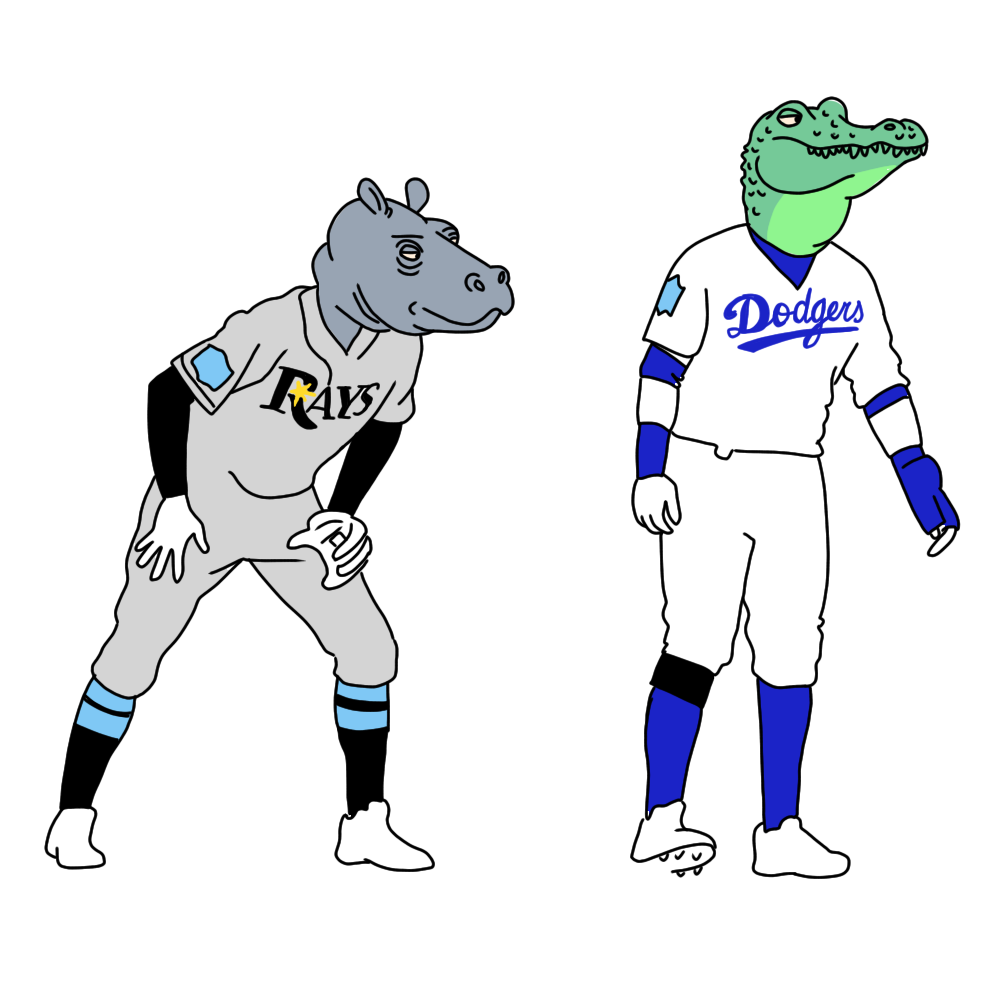 Rays player with hippo head and dodgers player with crocodile head.