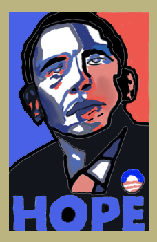 Portrait of Obama in the style of the iconic "Hope" poster.