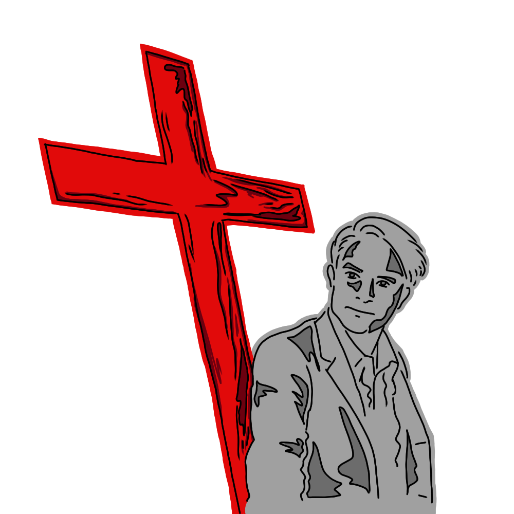 Preacher stands in front of a crucifix