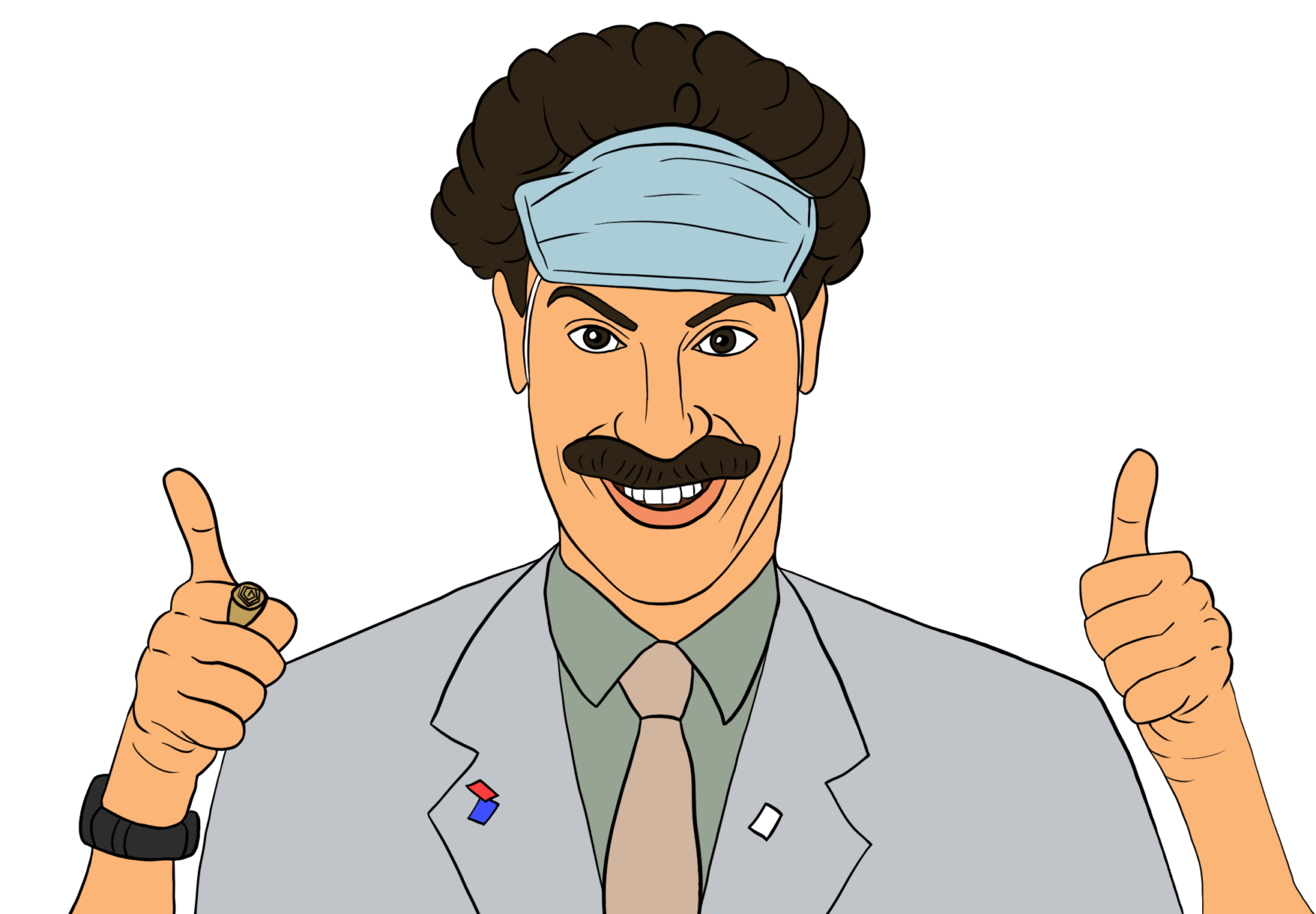The character Borat grins and gives two thumbs up, wearing his face mask on his head.