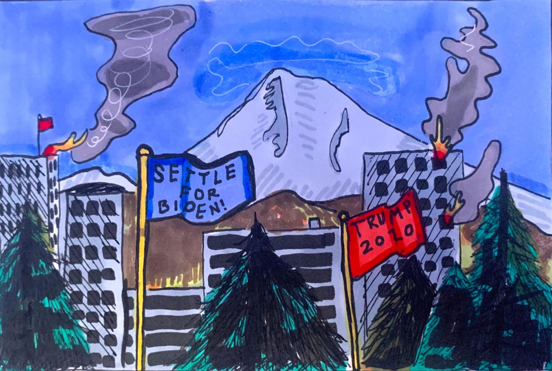 A hand drawn illustration with the city of Portland (trees and mountains) and two different flags: one is blue and says "Settle for Biden!" and the other is red with "Trump 2020" on it