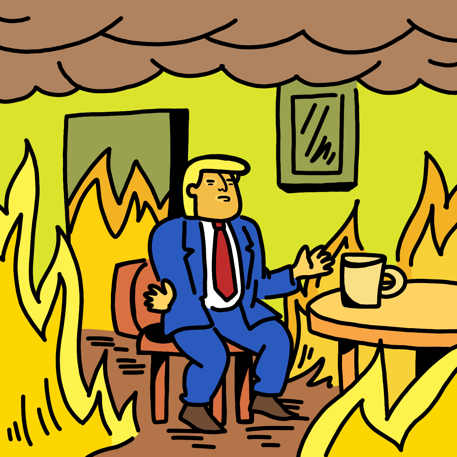 Trump sits in a chair surrounding by a house on fire mimicking a meme where a cartoon dog says "this is fine" while sitting in a chair in a burning building.