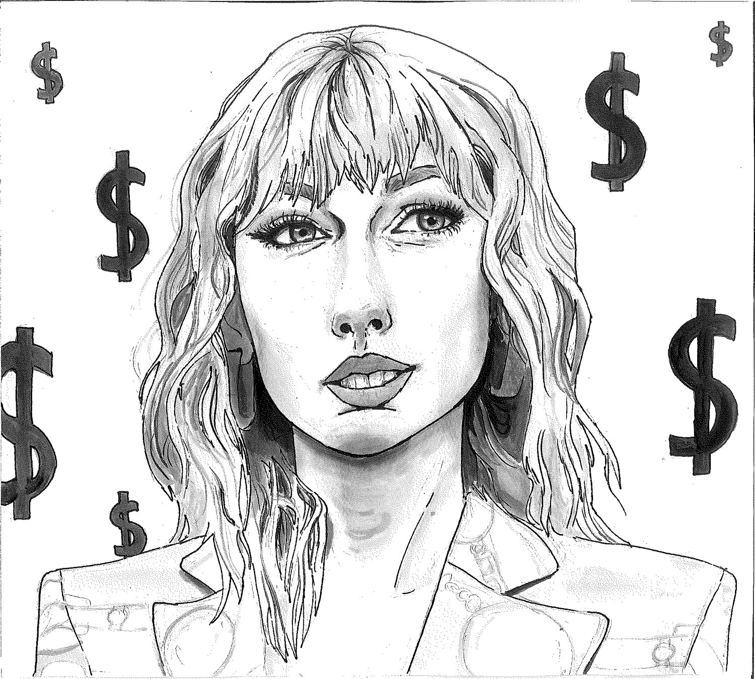 A portrait of Taylor Swift is surrounded by dollar signs.
