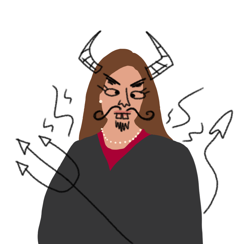 An illustrated Amy Coney Barrett in her justice robes has scribbles over her, giving her a mustache, horns, pitchfork and general formidable demeanor.