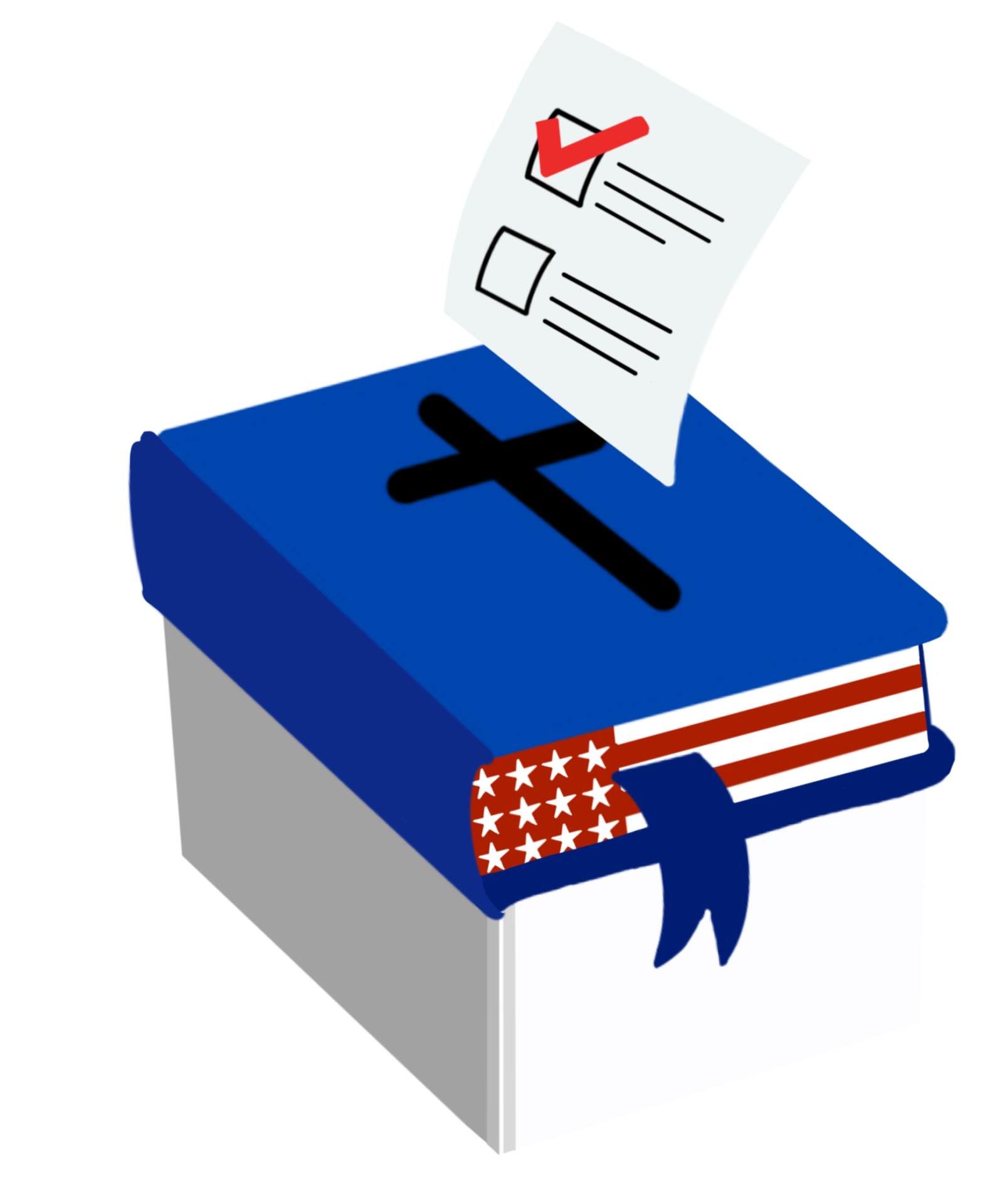 illustration of a closed blue bible with an American flag print over the pages. A ballot goes into the black cross on the cover of the bible, mimicking a ballot box.