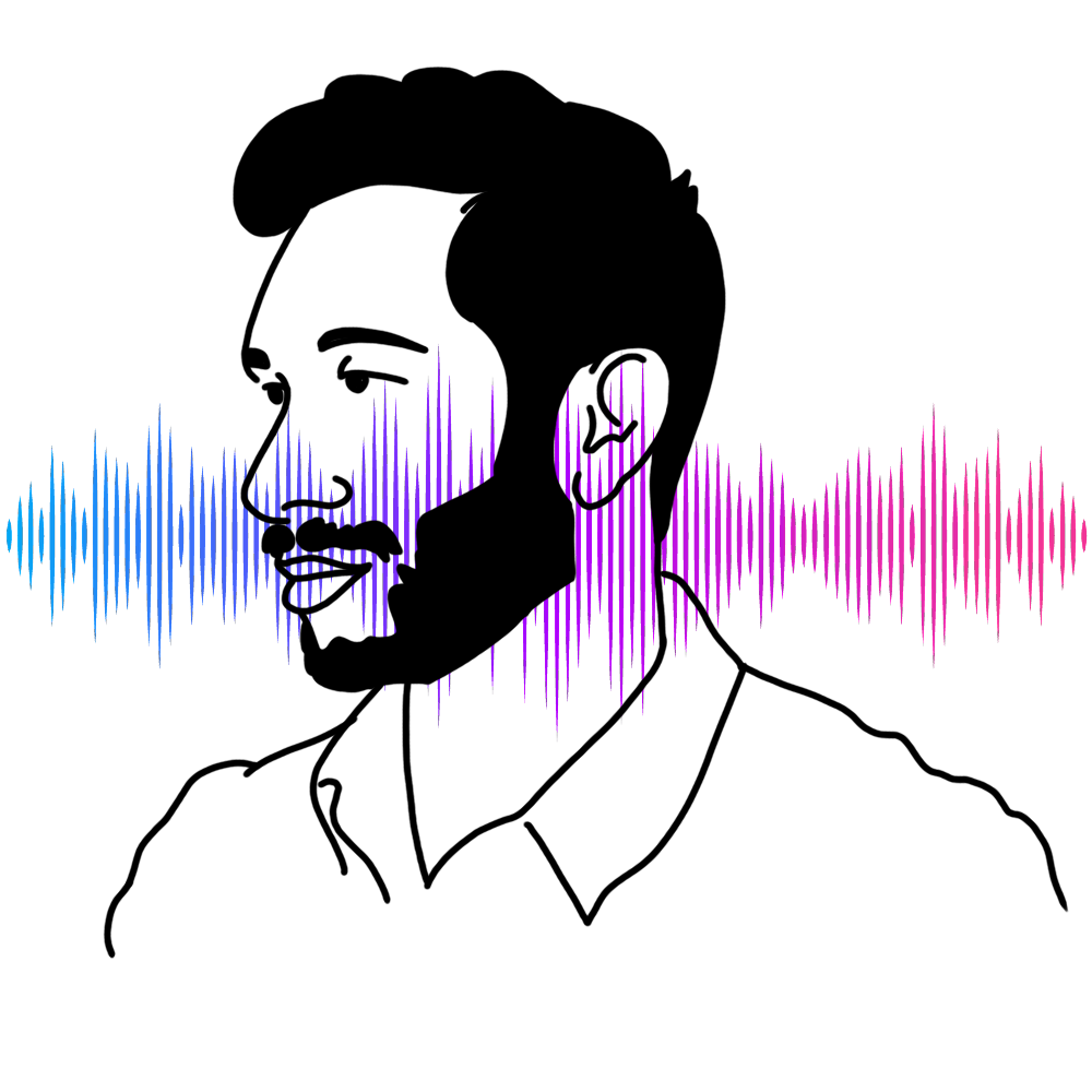 A silhouette of Hrishikesh Hirway, host of "Song Exploder," in front of a colorful sound wave.