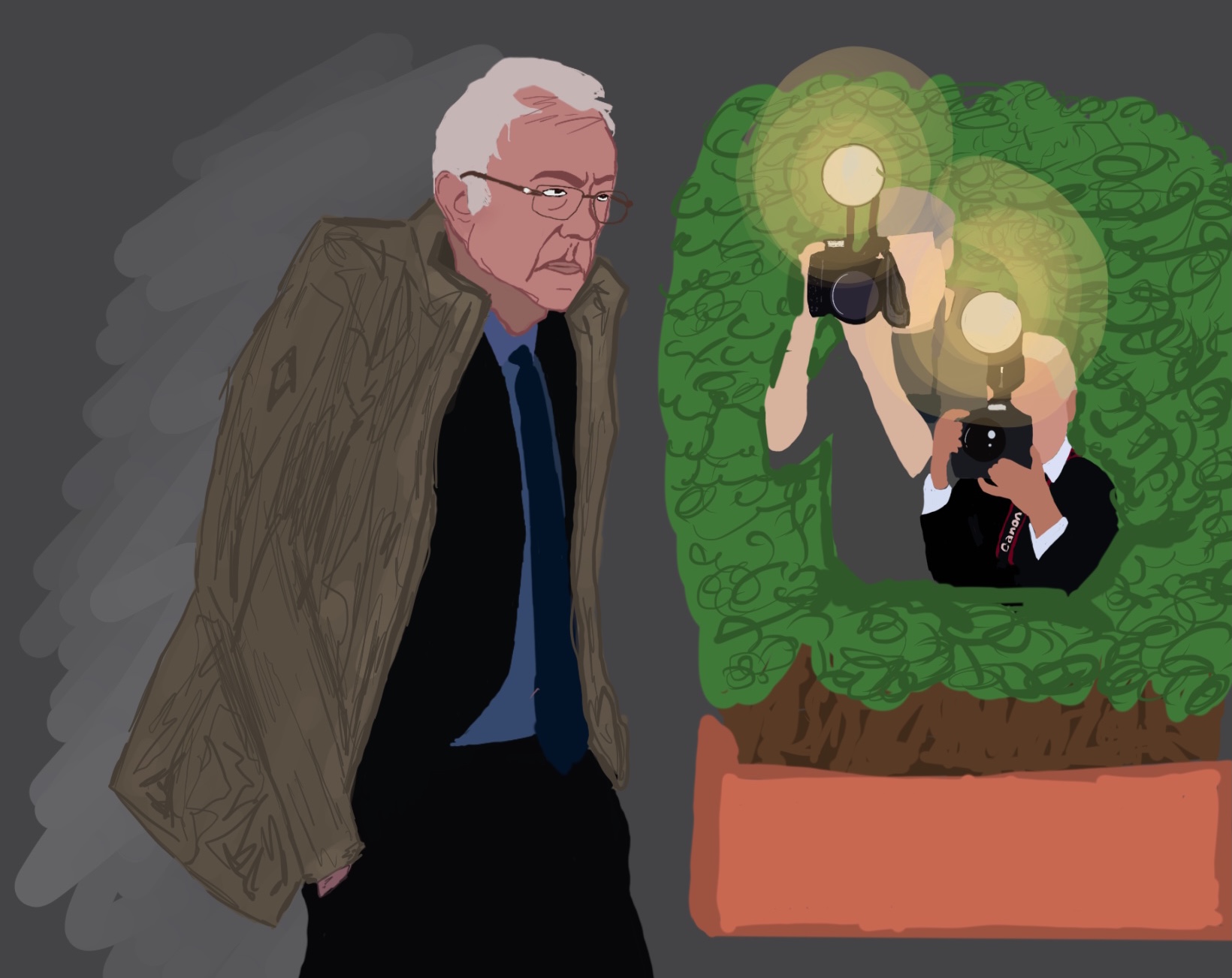 Bernie Sanders walks past a bush as paparazzi peer out with flashing cameras, hoping to snap a photo