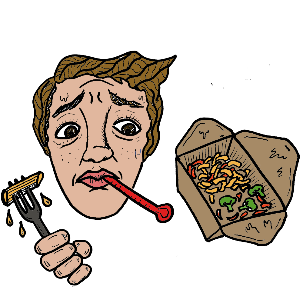 Cartoon student with thermometer in their mouth holds bon take-away box