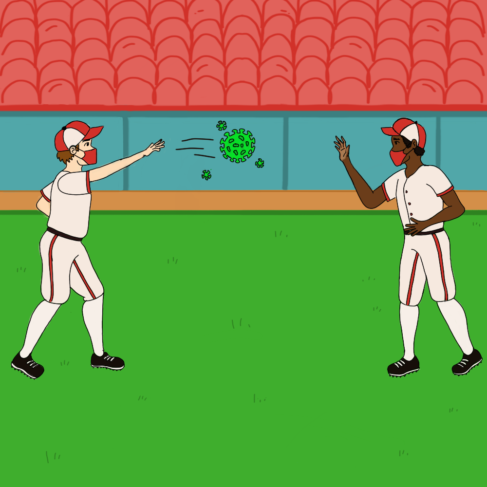 Two baseball players playing catch with a covid virus