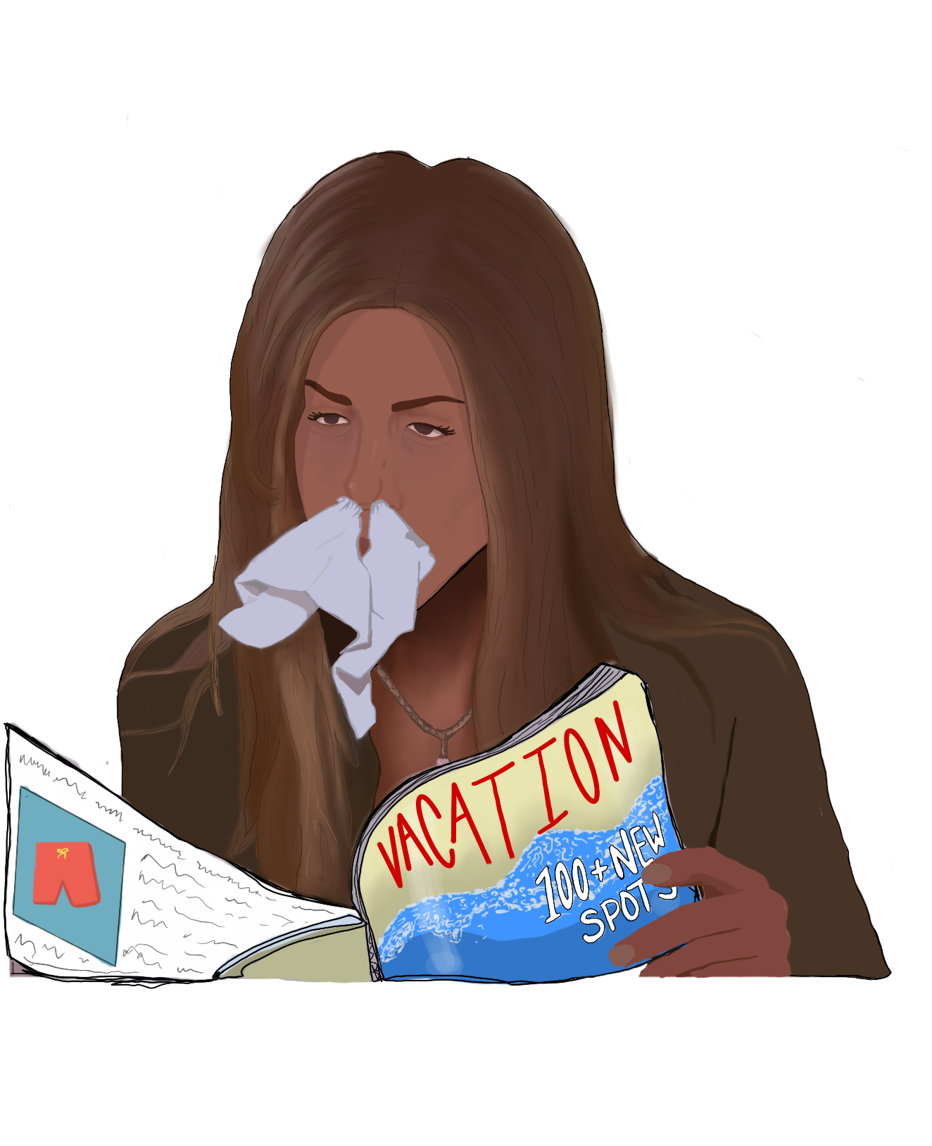 Girl with tissue in her nose reads magazine titled: Vacation, 100+ new spots