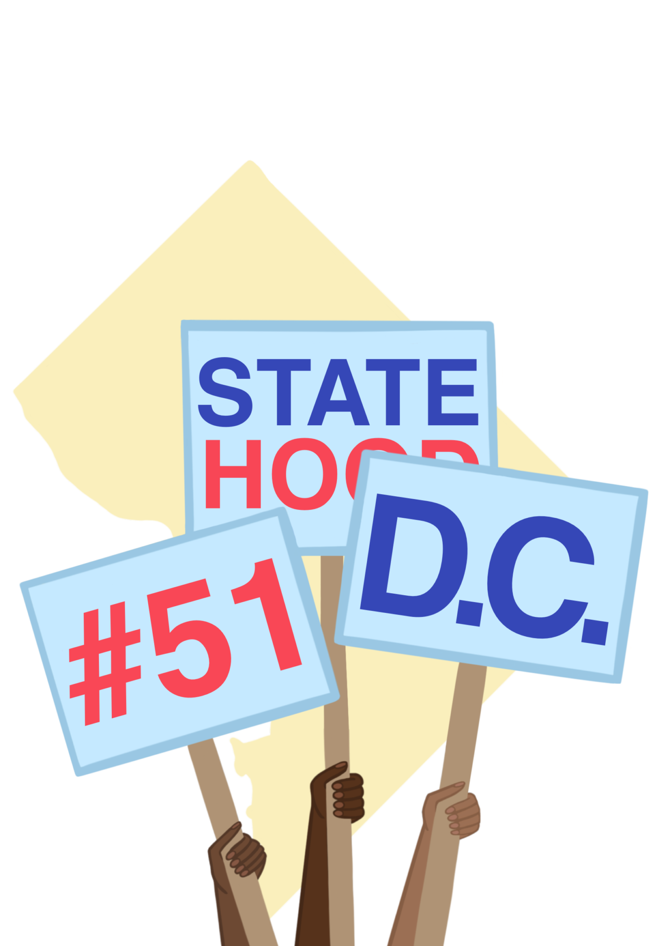 Arms hold up picket signs advocating for Washington D.C. to become the 51st state of the United States