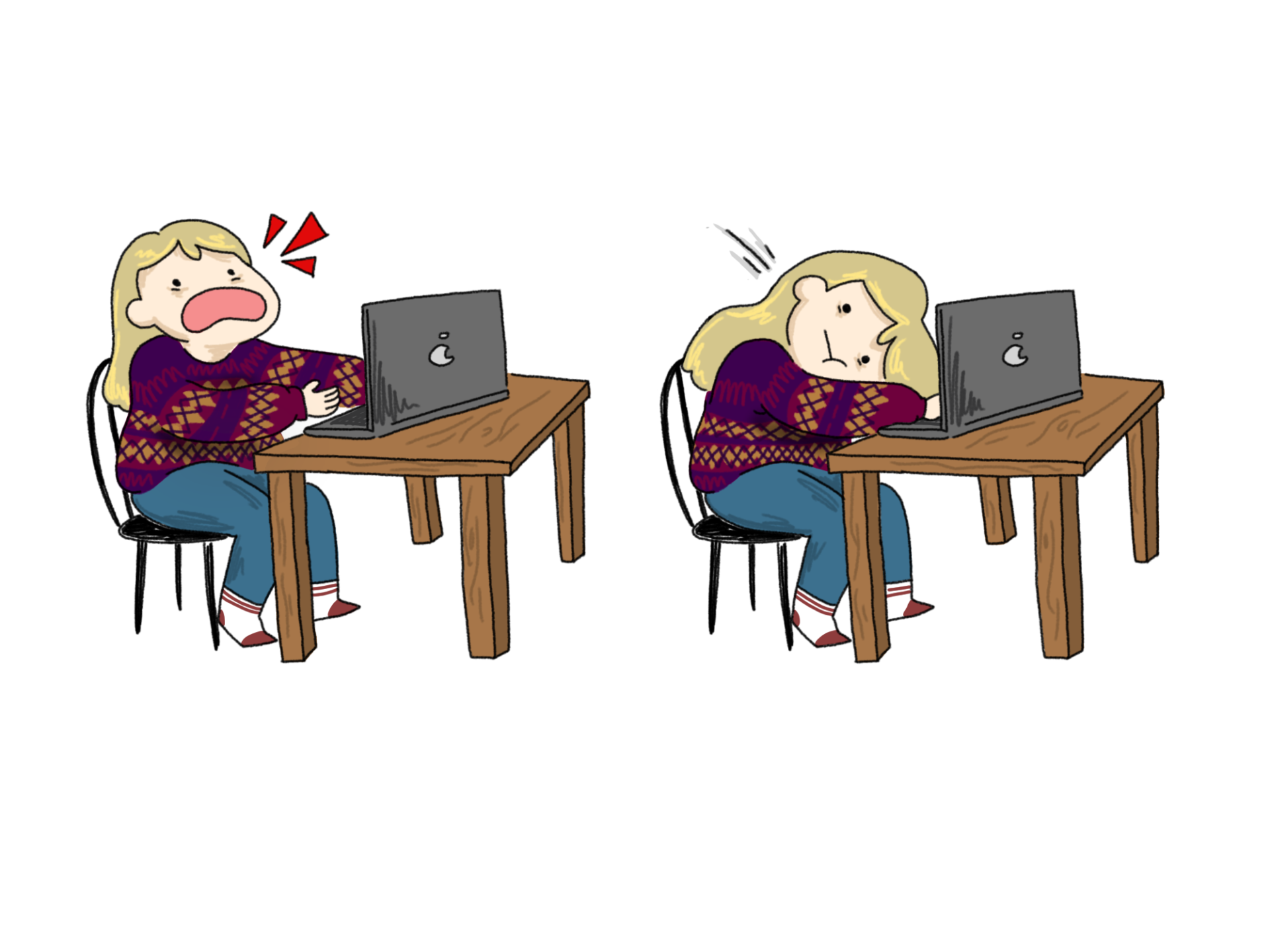 An illustration of a person sitting at a desk, stressing out in front of their computer.