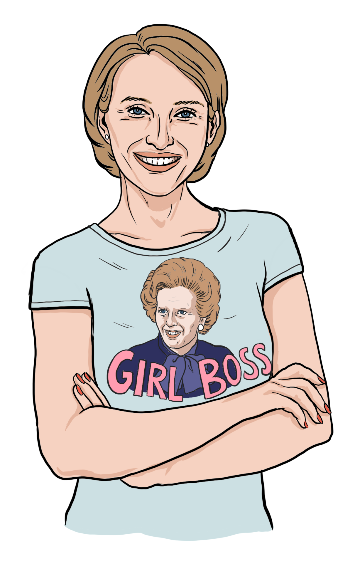 White woman wearing a Margret Thatcher "Girl Boss" shirt smiles proudly