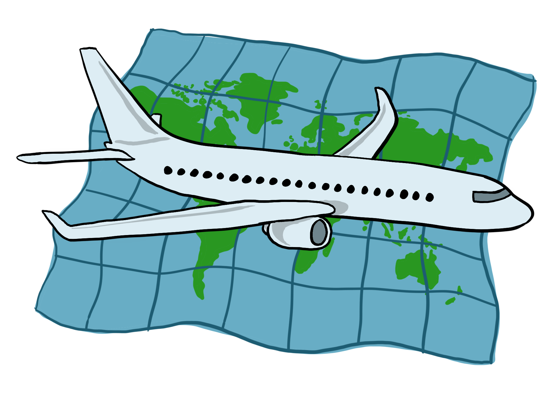 An illustration of a plane in front of a map.