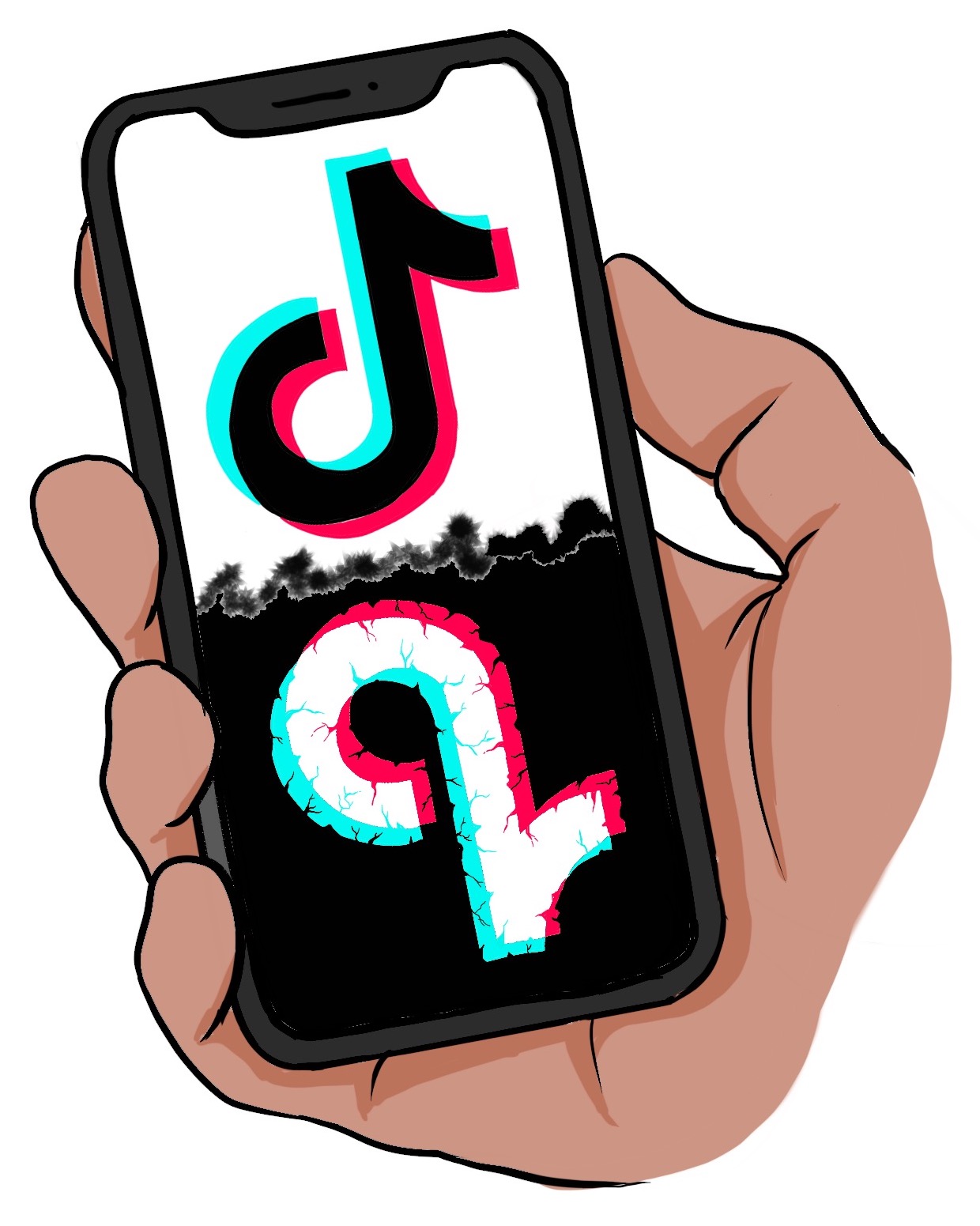 A cell phone screen shows a mirrored TikTok logo, one side bright and normal, the other dark and dilapidated