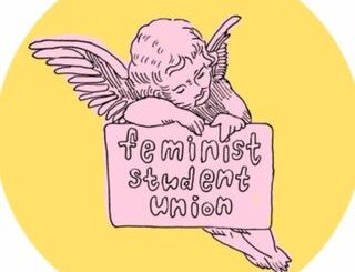 FSU's Instagram profile photo, a yellow circle behind a pink cherub holding a "feminist student union" sign.