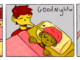 Illustration of a three-panel comic, 1) a stack of stuffed animals, 2) a person kissing their roommates forehead with the words "Good Night" and 3) a person wearing a shirt reading "Slut"