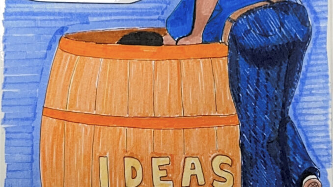 Illustration of a person climbing into a barrel with "IDEAS" printed on the side, with a speech bubble reading "There has to be something else down here!" in the corner.