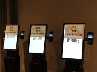 Three ordering kiosks from the Trail Room stand with "Not Yet Operation" signs.