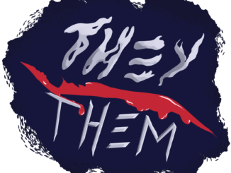 "They/them" written in white on a blue background with the slash a bright red.
