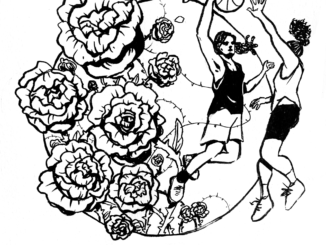 Illustration of a circle, with roses on one side and two women basketball players on the right.