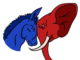 Illustration of a blue donkey head-to-head with a red elephant.