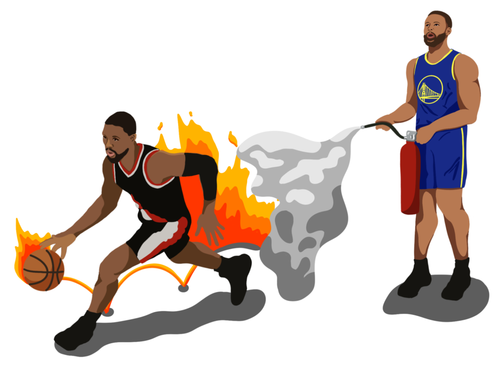 Illustration of Steph Curry spraying fire extinguisher on Dame.