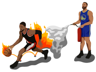Illustration of Steph Curry spraying fire extinguisher on Dame.