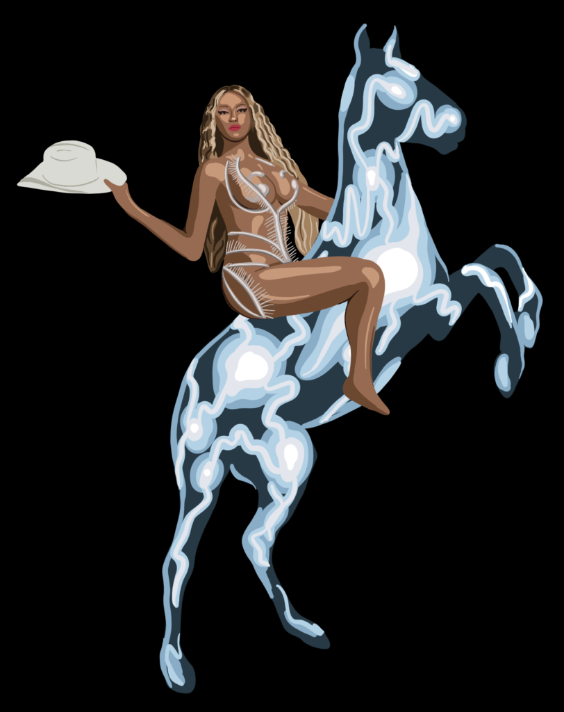 Illustration interpretation of "Renaissance" album cover: Beyoncé riding an electric horse.