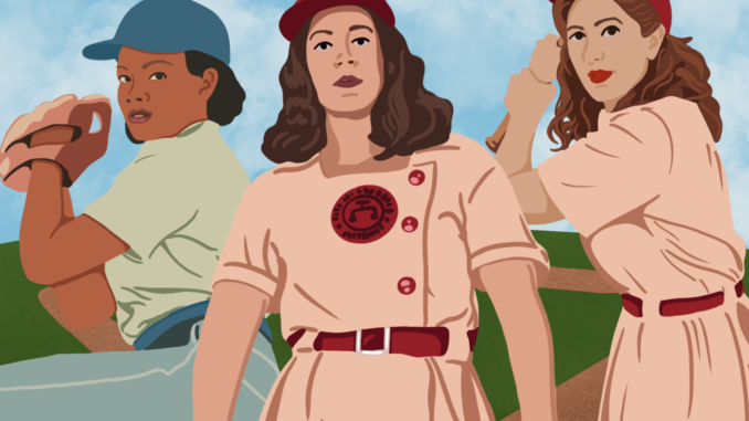 Illustration of three women in baseball jerseys, two are holding bats and the other a baseball glove.