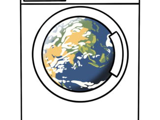 Illustration of a washing machine with the glass door replaced by the Earth.