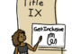 Illustration of a black woman standing in front of a scroll that reads "Title IX" and a sign reading "GetInclusive"